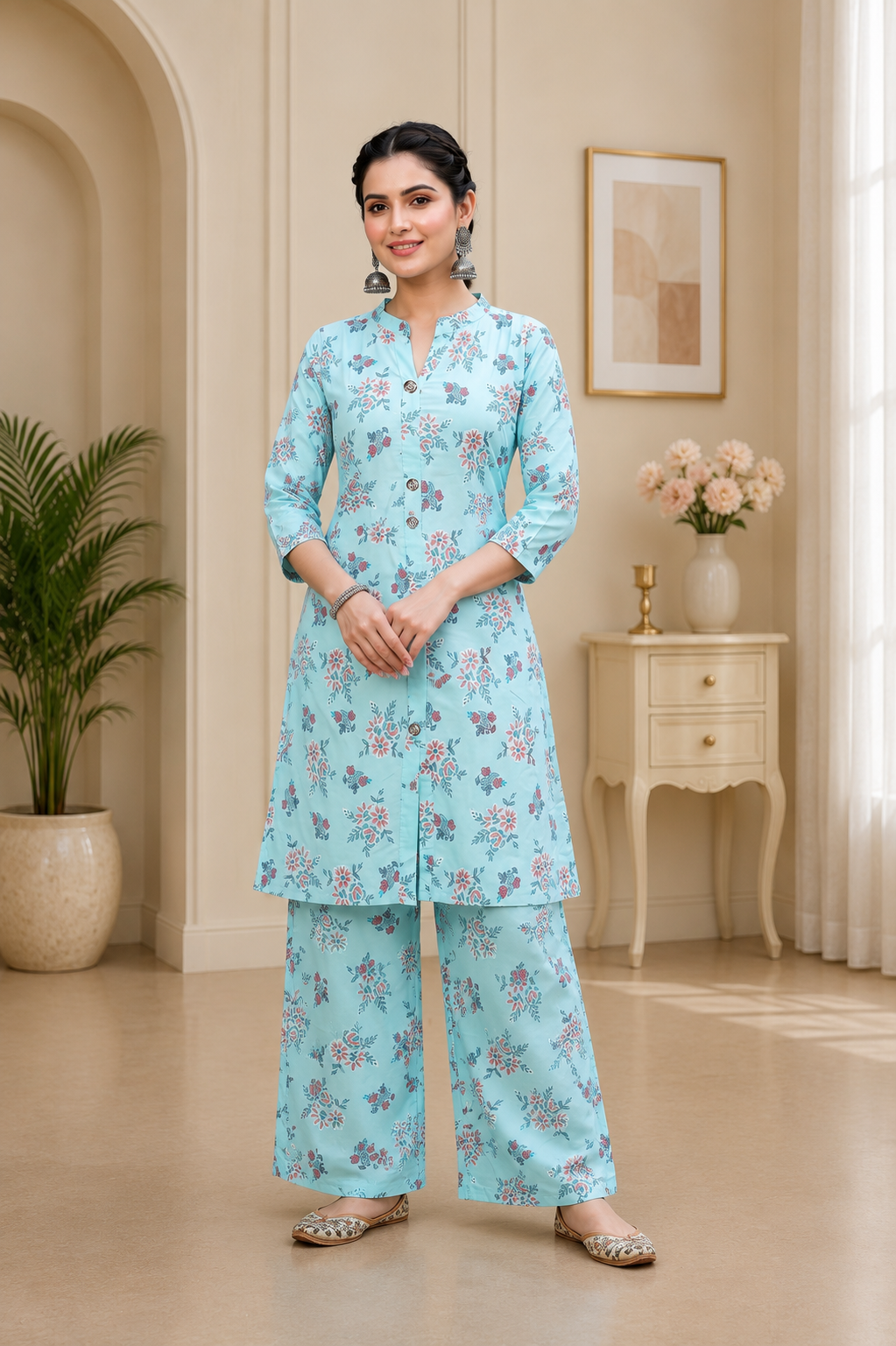 Sky Blue Rayon 2-Piece Ready to Wear Set with Coral Floral Print