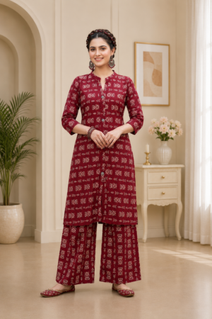 Maroon Rayon 2-Piece Ready to Wear Set with Bandhani Print