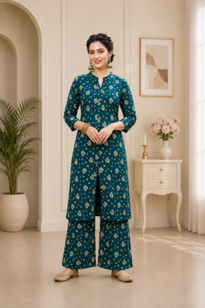 Peacock Teal Rayon 2-Piece Ready to Wear Set with Paisley & Floral Print