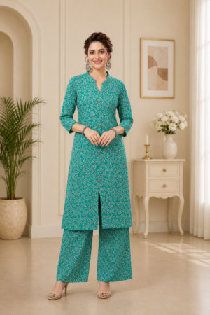 Sea Green Rayon 2-Piece Ready to Wear Set with White Paisley Print