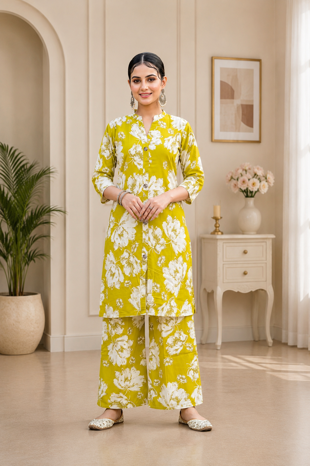 Lime Green Rayon 2-Piece Ready to Wear Set