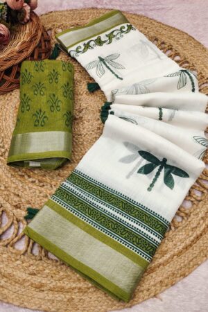 White Cotton Saree with Tree Print, Leaf Border & Mauve Silver Zari