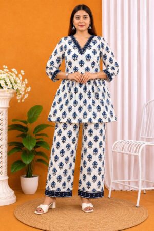 Blue Floral Printed Cotton 2 Piece Co-Ord Set for Women | V-Neck Peplum Top with Palazzo