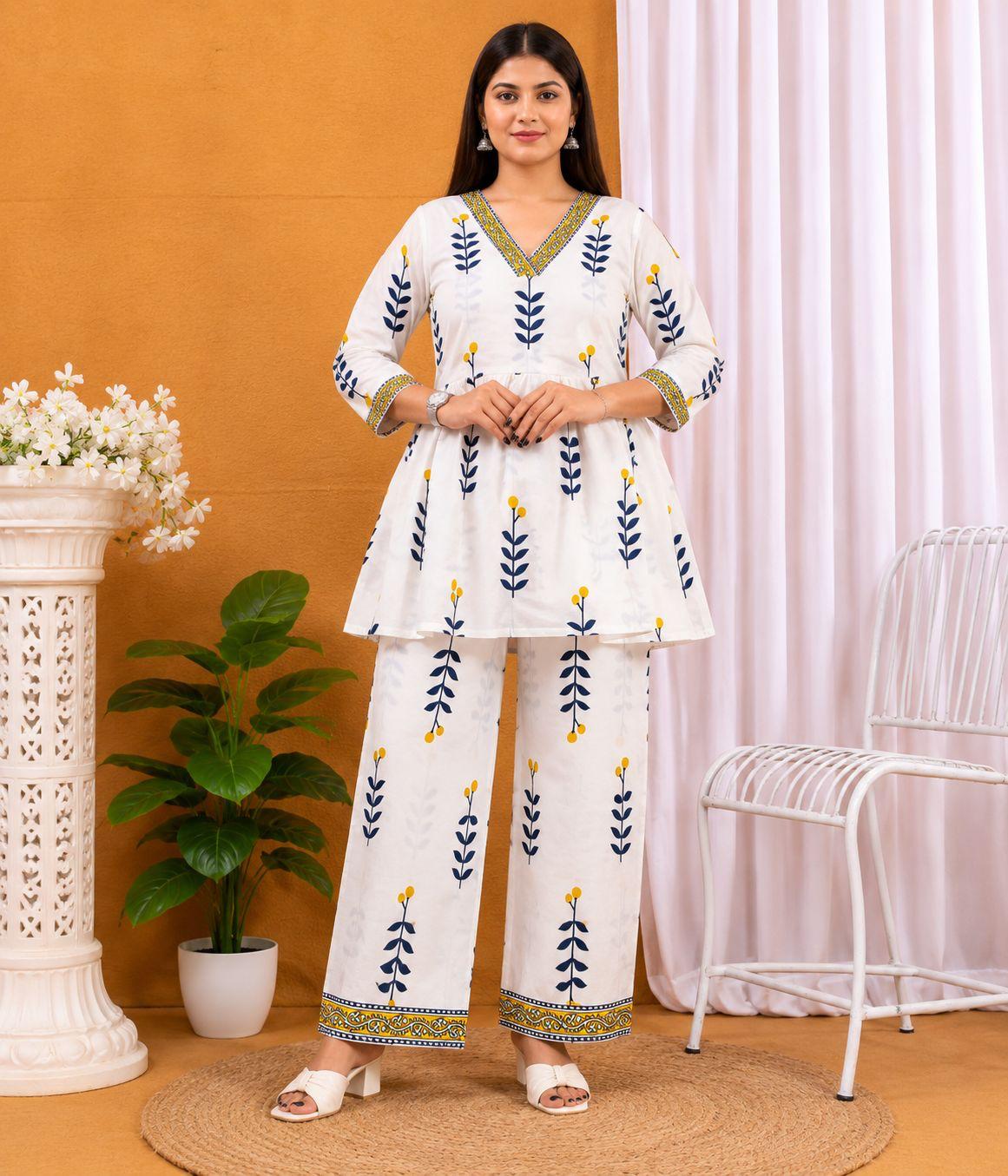 White & Navy Blue Floral Printed Cotton 2 Piece Co-Ord Set for Women