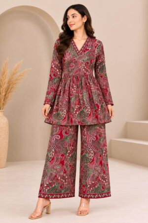 Wine Red Paisley Printed Cotton 2 Piece Co-Ord Set for Women