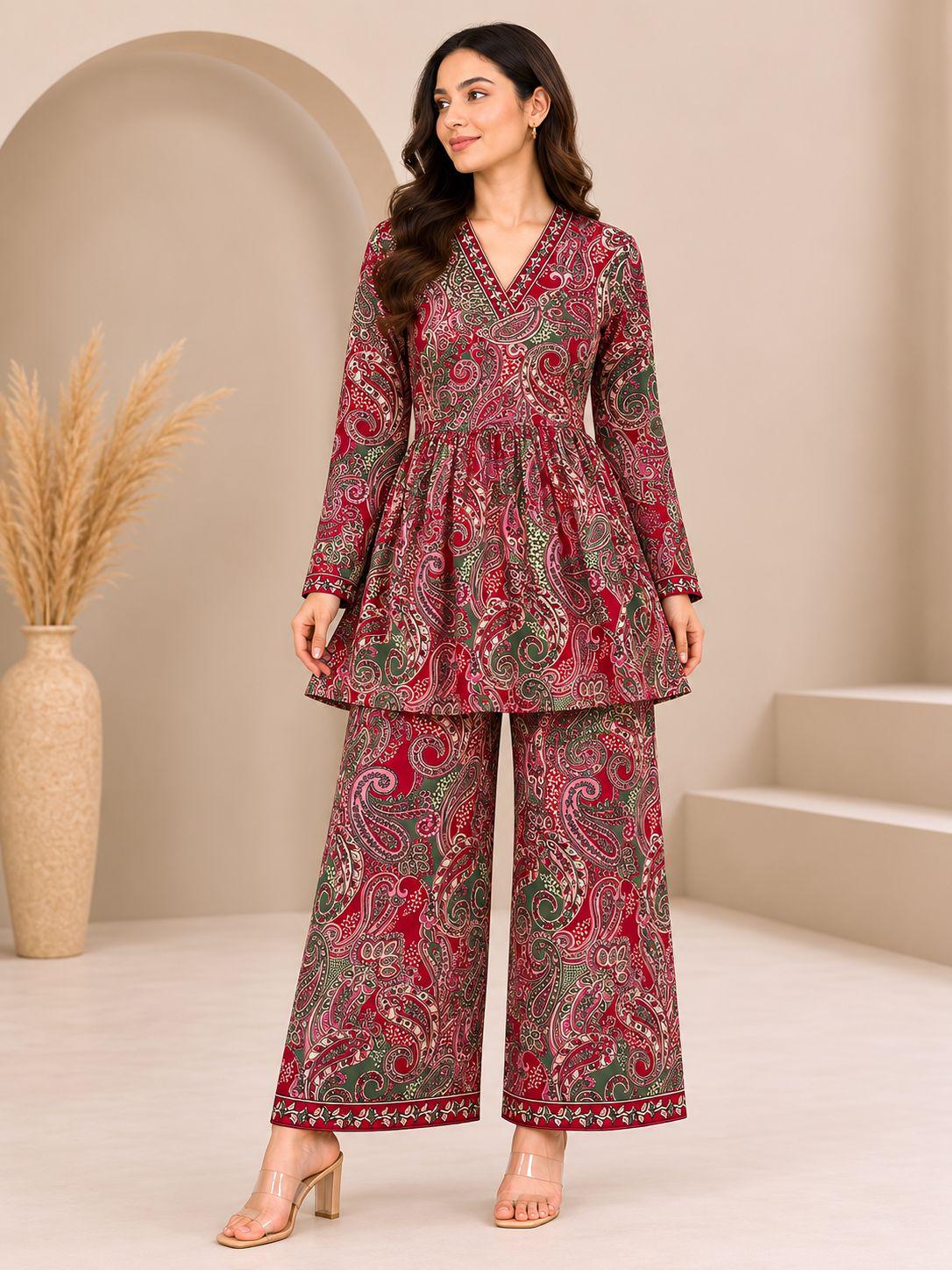 Wine Red Paisley Printed Cotton 2 Piece Co-Ord Set for Women