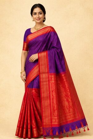 Regal Crimson Deep Purple Paithani Silk Saree with Rich Red Zari Border & Tassel Pallu