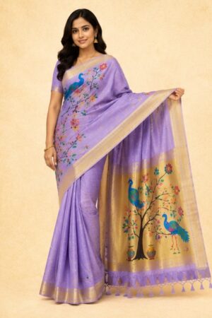 Lavender Mayur Soft Lavender Paithani Silk Saree with Woven Peacock Tree Pallu & Gold Zari Border