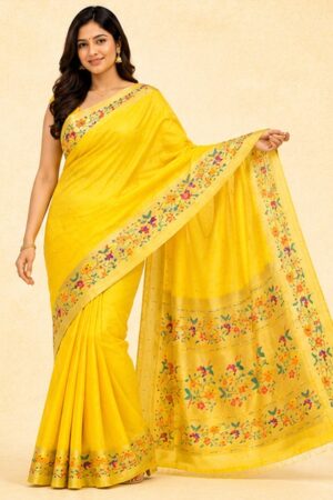 Sunheri Bagicha Vibrant Yellow Paithani Silk Saree with Multicolour Floral Vine Border & Zari Work