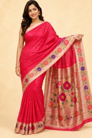 Rani Pushpa Deep Pink Paithani Silk Saree with Woven Floral Pallu, Golden Buti & Zari Border