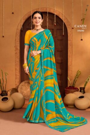 Candy Vol-3  Teal & Yellow Georgette Saree with Abstract Print & Embroidered Border