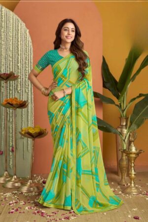 Good Day Lime Green Georgette Saree with Abstract Geometric Print & Lace Border