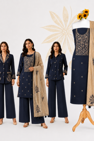 Navy Blue Premium Cotton Embroidered Dress Material