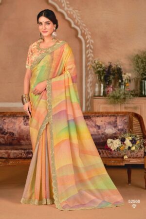 Tisca Peach Multicolour Georgette Saree with Rainbow Stripe Print & Golden Scallop Lace Border