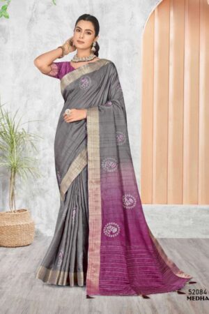 Medha  Grey to Purple Ombre Silk Saree with Floral Buti & Golden Zari Border