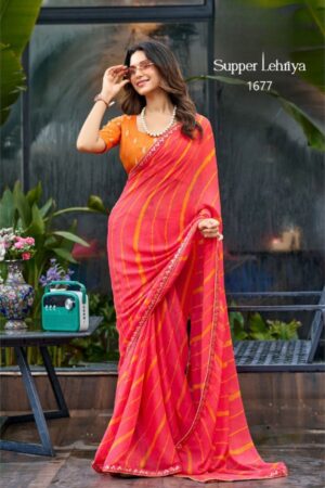 Super Lehriya Pink Georgette Saree with Leheriya Stripe Print & Embroidered Lace Border