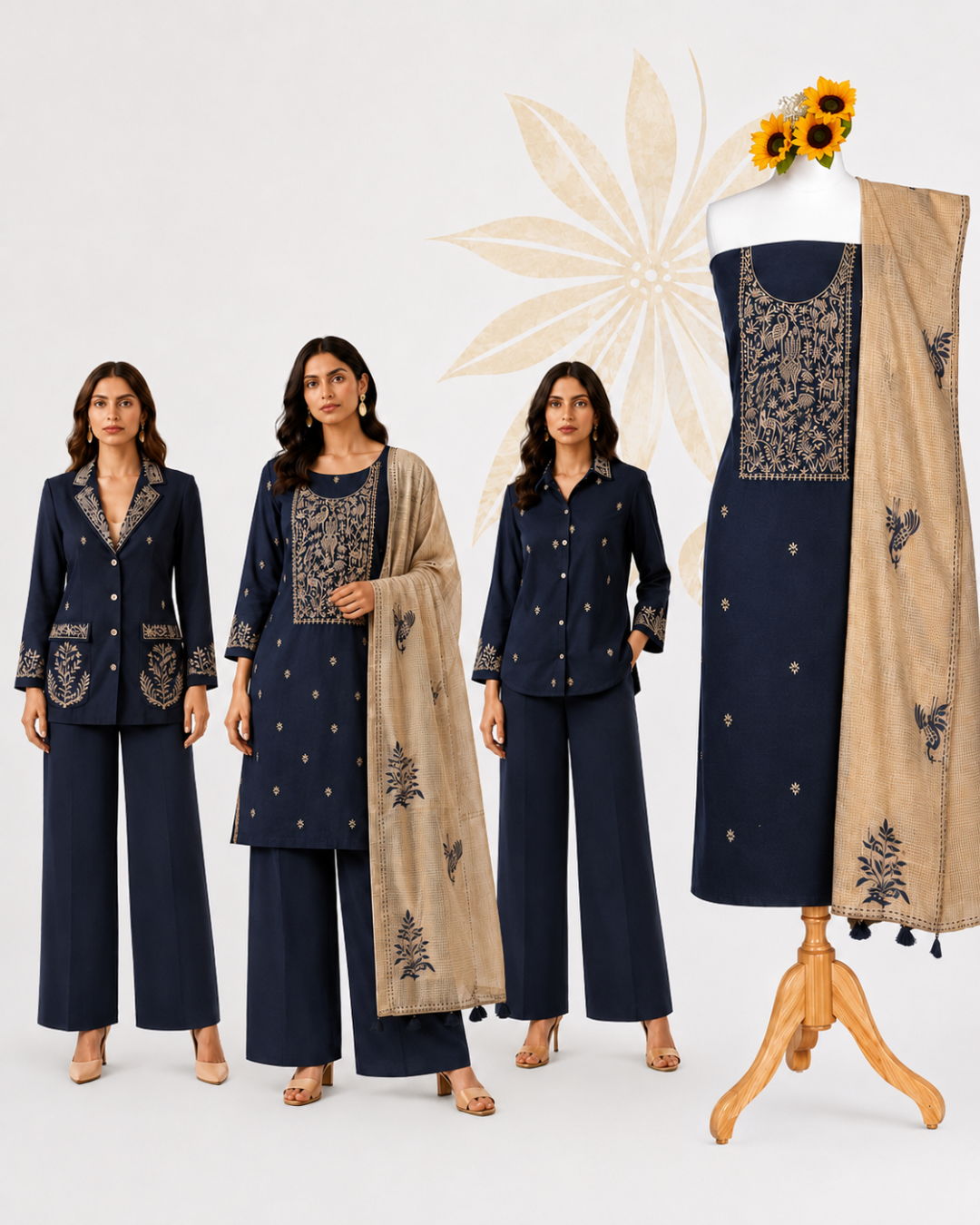 Navy Blue Premium Cotton Embroidered Dress Material