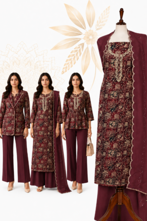 Premium Maroon Cotton Printed Dress Material Set