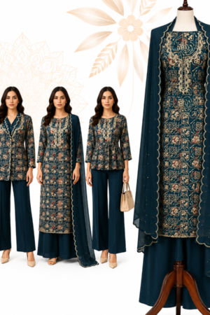 Premium Teal Blue Cotton Printed Dress Material