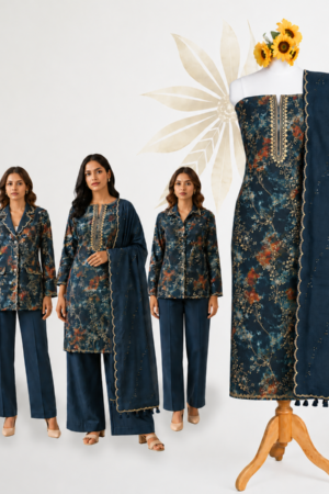 Premium Navy Blue Cotton Floral Dress Material