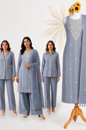 Premium Dusty Blue Cotton Embroidered Dress Material
