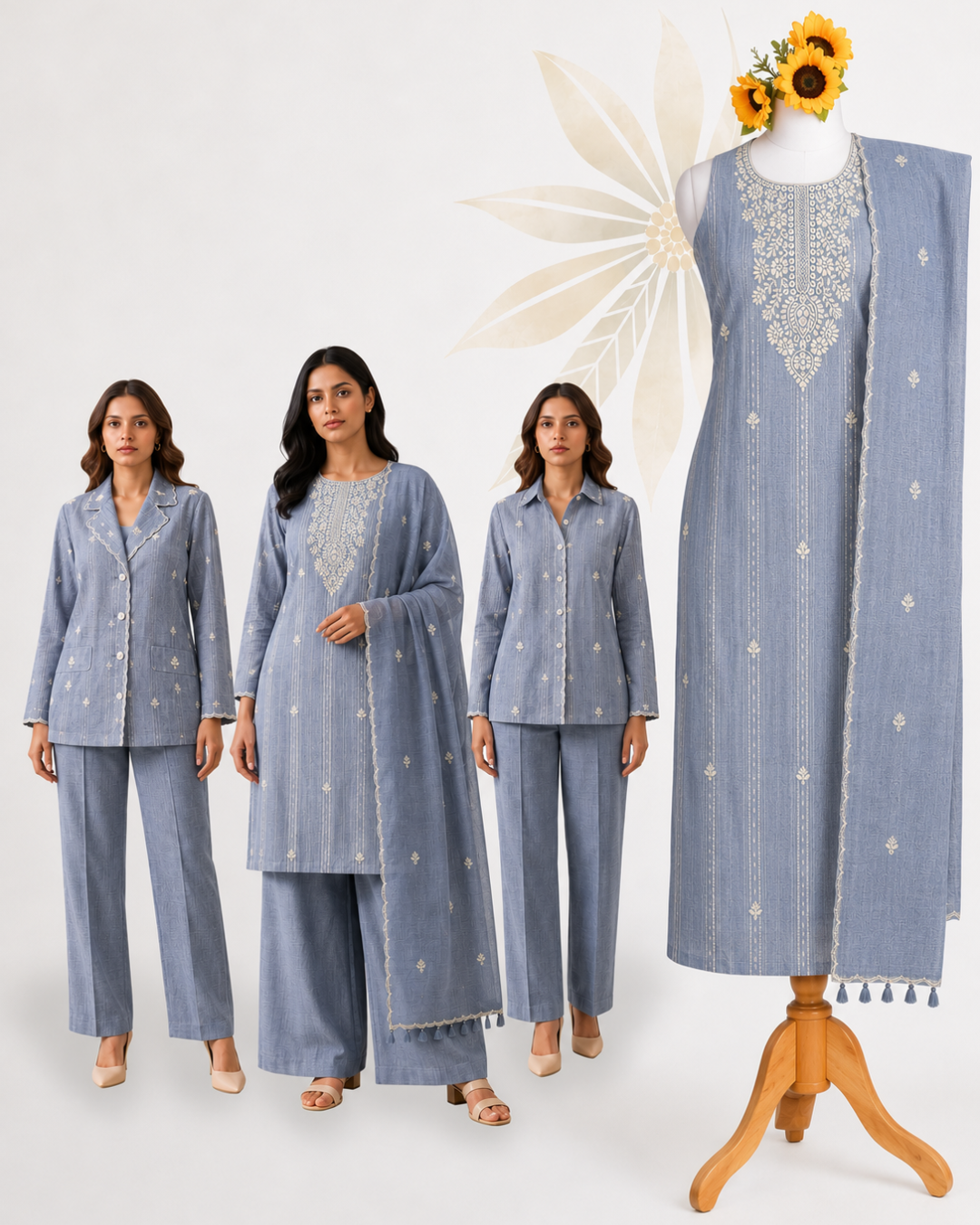 Premium Dusty Blue Cotton Embroidered Dress Material