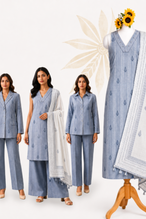 Premium Powder Blue Cotton Printed Dress Material