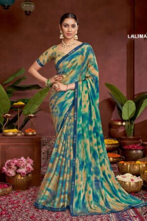 Lalima Teal & Beige Georgette Saree with Tie-Dye Shibori Print & Embroidered Border