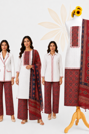 White Premium Cotton Printed Unstitched Dress Material Set
