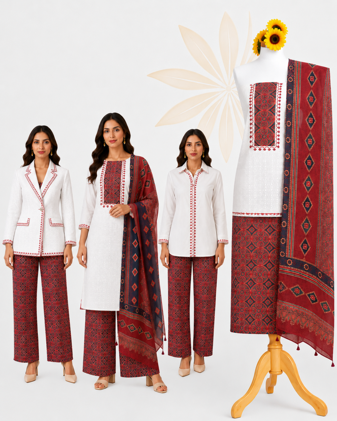 White Premium Cotton Printed Unstitched Dress Material Set