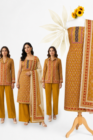 Mustard Premium Cotton Printed Unstitched Dress Material Set