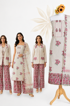 Off White Premium Cotton Floral Unstitched Dress Material