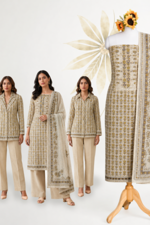 Beige Premium Cotton Floral Printed Unstitched Dress Material