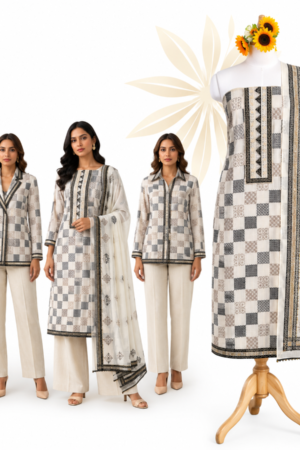 Off White Premium Cotton Checked Unstitched Dress Material