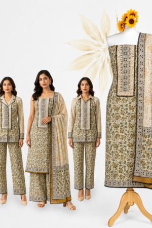 Beige Premium Cotton Floral Printed Unstitched Dress Material