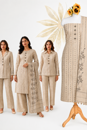Premium Beige Cotton Printed Dress Material Set