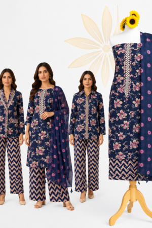 Navy Blue Premium Cotton Floral Unstitched Dress Material