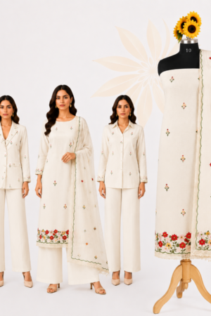 Off White Premium Cotton Floral Unstitched Dress Material