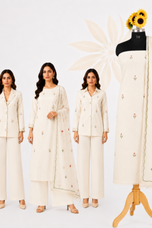 Ivory White Premium Cotton Unstitched Dress Material Set