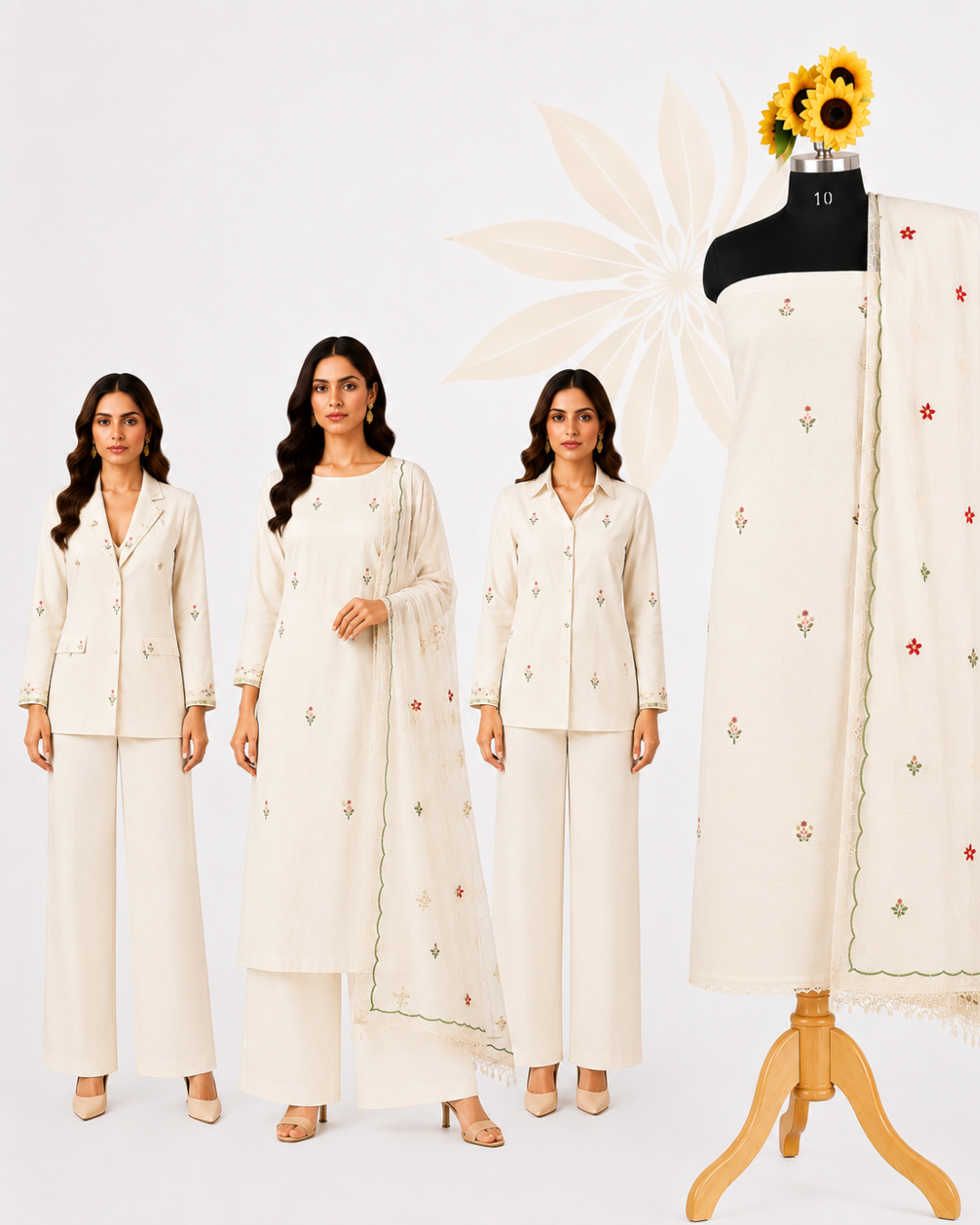 Ivory White Premium Cotton Unstitched Dress Material Set