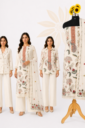 Ivory Premium Cotton Peacock Printed Unstitched Dress Material