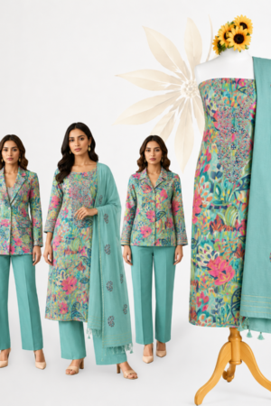Aqua Blue Premium Cotton Floral Unstitched Dress Material
