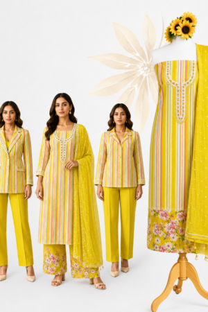 Sunshine Yellow Premium Cotton Striped Unstitched Dress Material