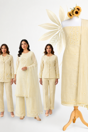Premium Cream Cotton Embroidered Dress Material Set