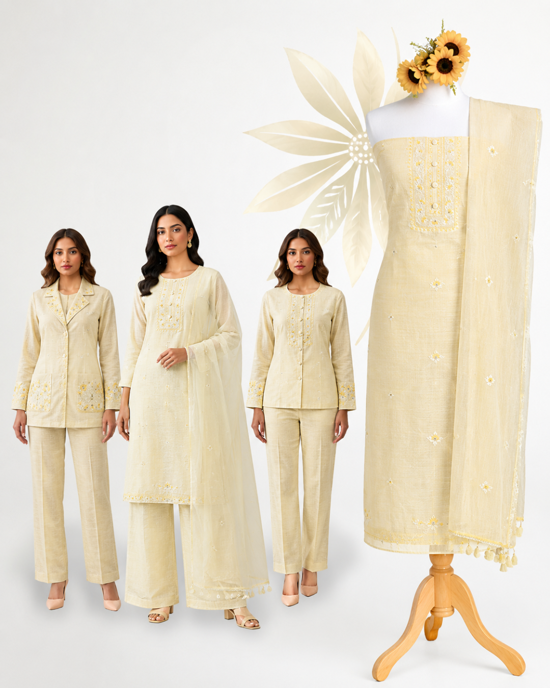Premium Cream Cotton Embroidered Dress Material Set