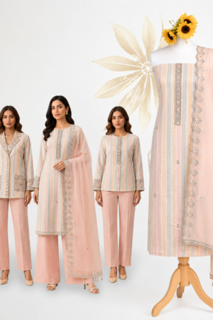 Premium Peach Striped Cotton Dress Material Set