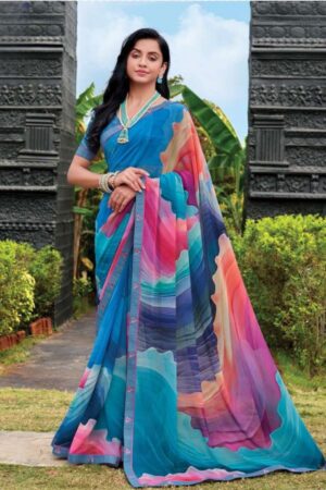 Pavitra Vol 08  Blue Multicolour Georgette Saree with Abstract Print & Triangle Lace Border