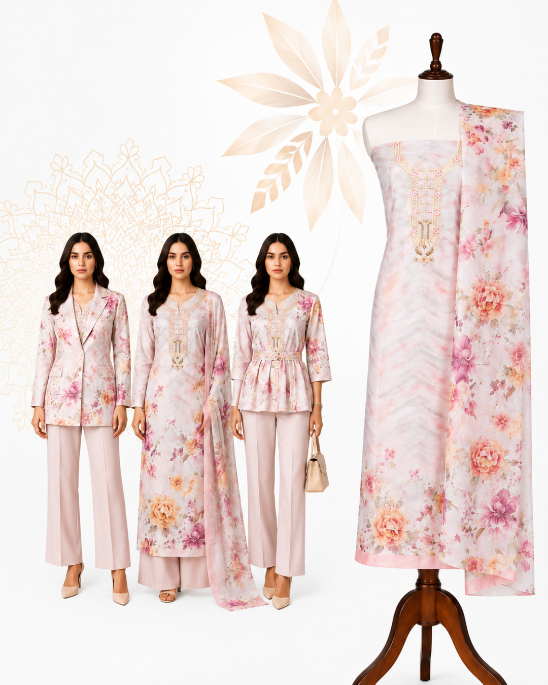 Premium Blush Pink Cotton Floral Dress Material