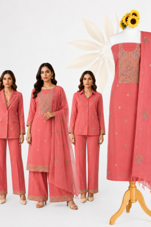 Coral Pink Embroidered Cotton Dress Material Set