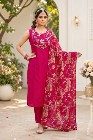 Rani Pink Heavy Berlin 3-Piece Sleeveless Straight Kurta Set Botanical Printed Dupatta
